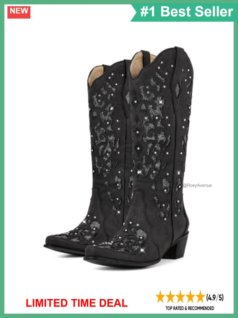 Rhinestone Mid Calf Cowboy Boots Chunky Heel Western Boots
